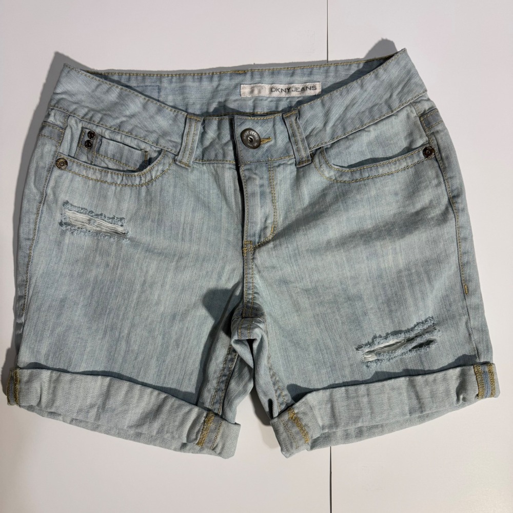 DKNY Jeans Womens Size 10 Light Wash Distressed Cuffed Denim Shorts Blue
